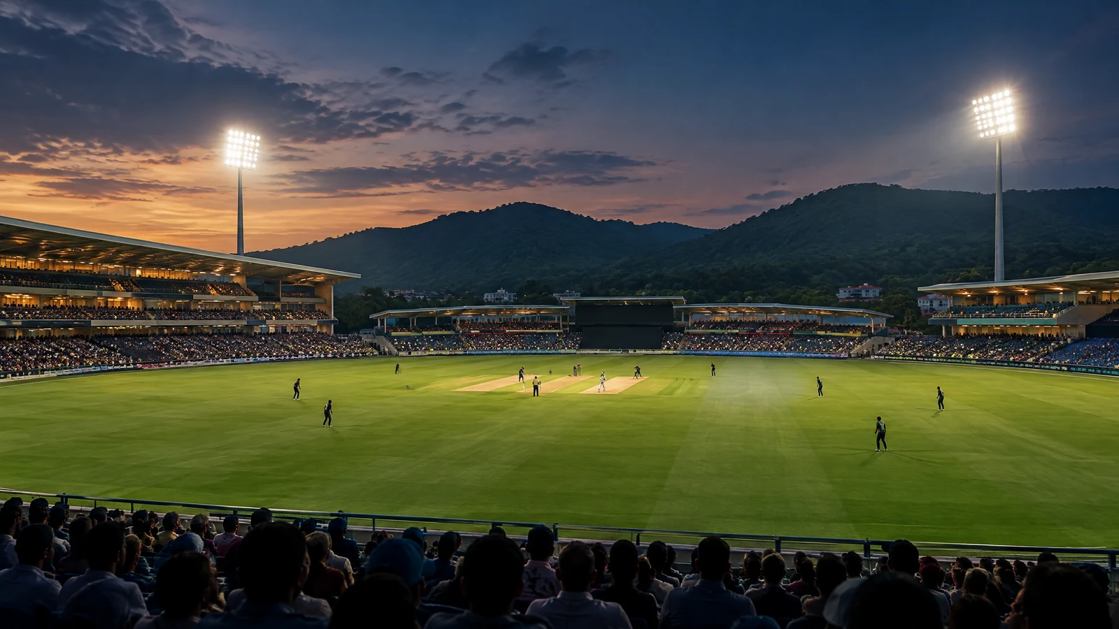 A cricket match under floodlights at ACA–VDCA Cricket Stadium in Visakhapatnam