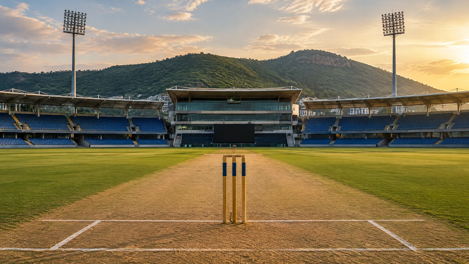 Floodlit ACA–VDCA Cricket Stadium prepared for a major cricket match