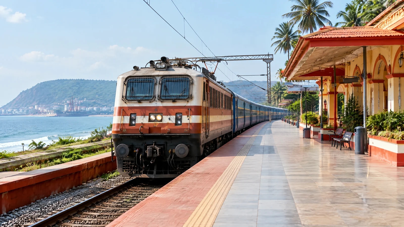 Passenger train at a railway platform near Visakhapatnam