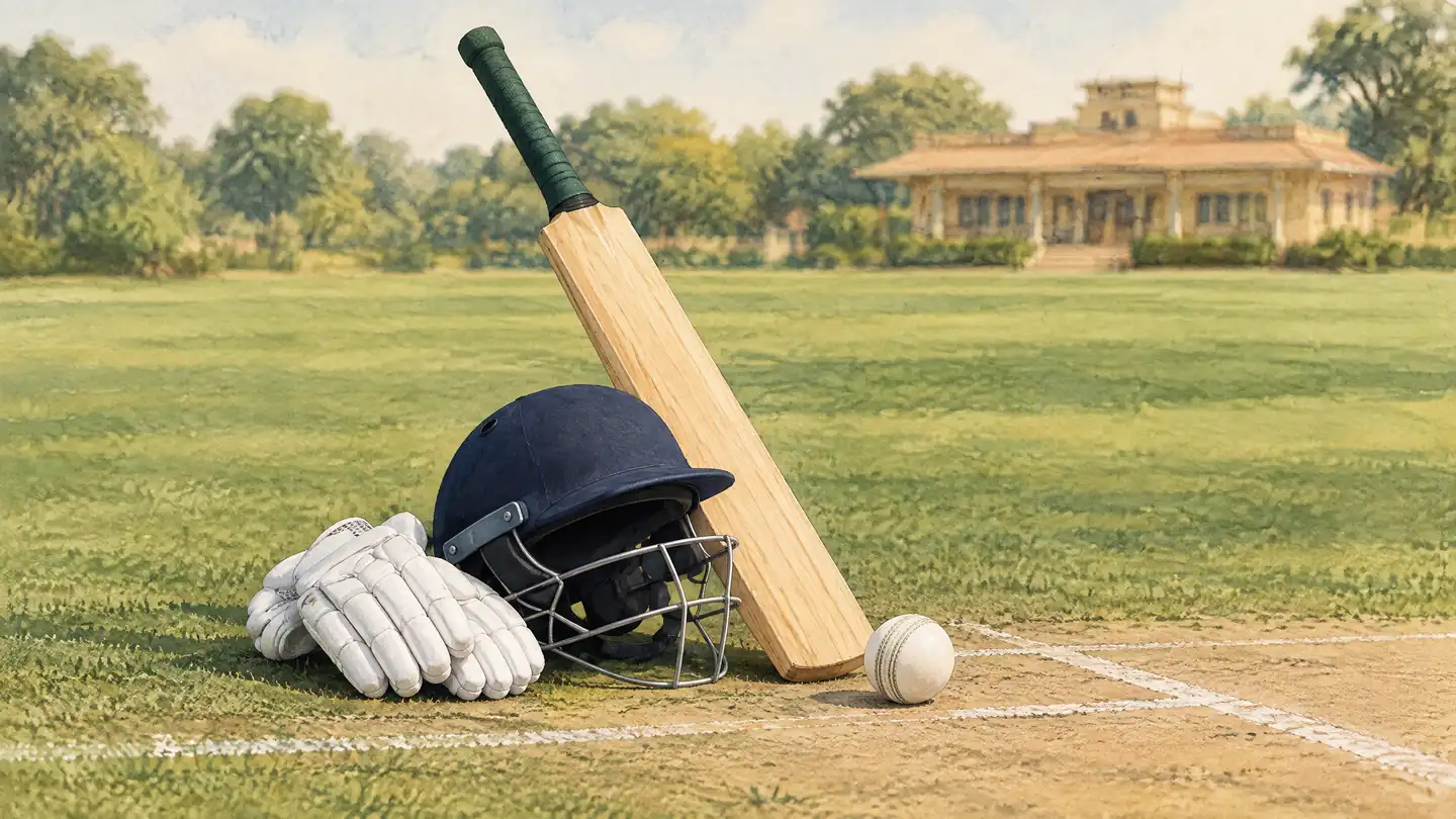 Original editorial illustration of a cricket bat, helmet, gloves and white ball; not a portrait of Anushka Sharma