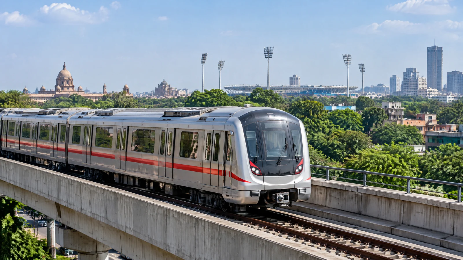 Delhi Metro train travelling on an elevated track in central Delhi