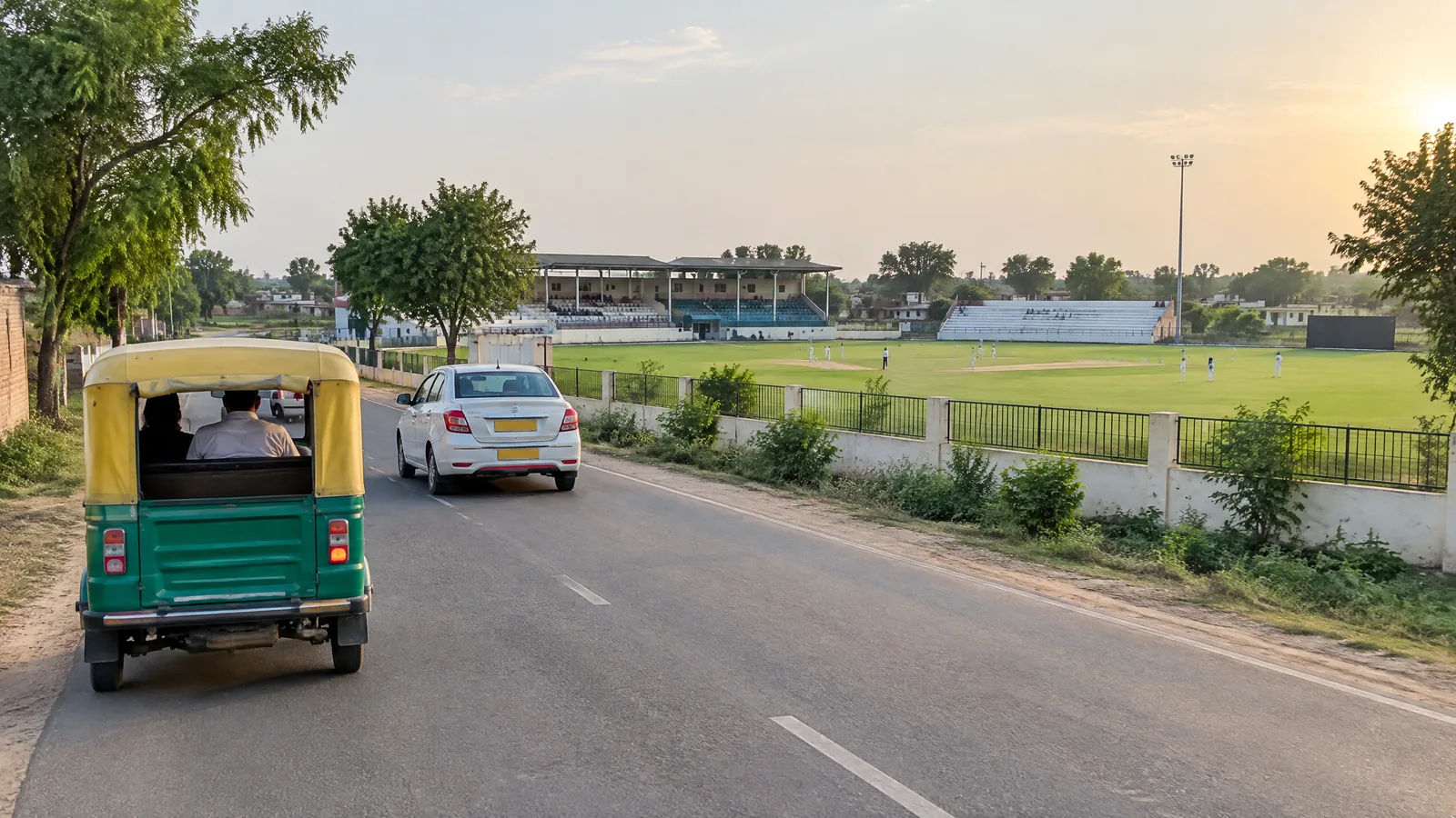 Auto-rickshaw and taxi approaching a cricket ground in Lahli