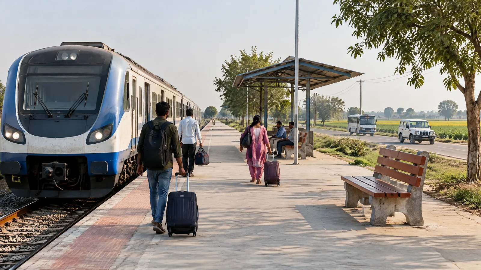 Passenger train serving a rural Haryana station near Lahli