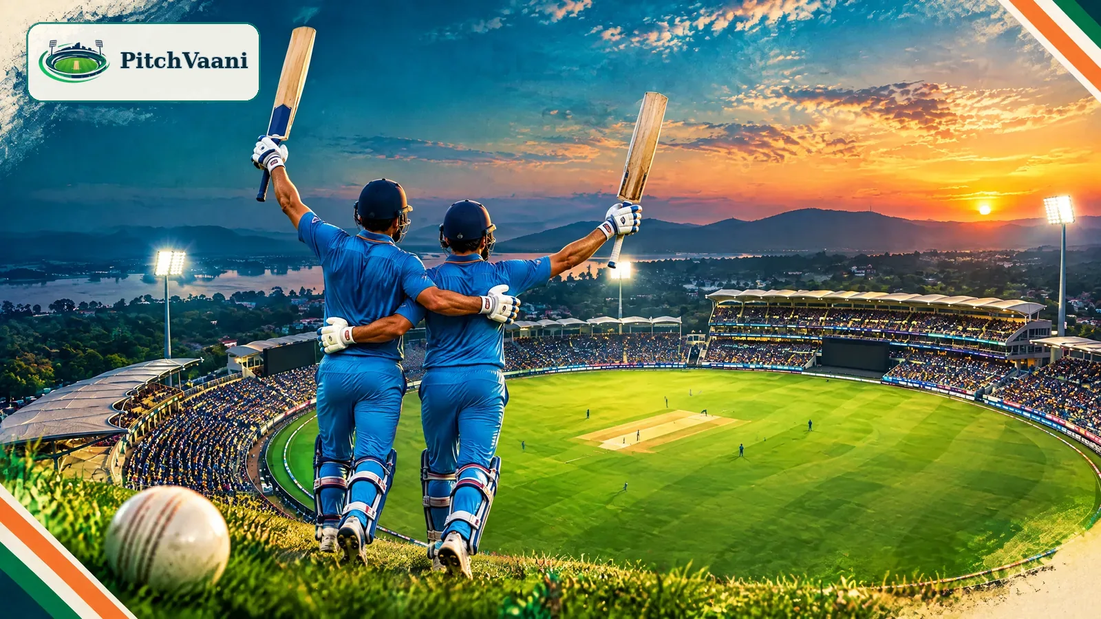 Colorful PitchVaani illustration for Barsapara Cricket Stadium highest score ODI records