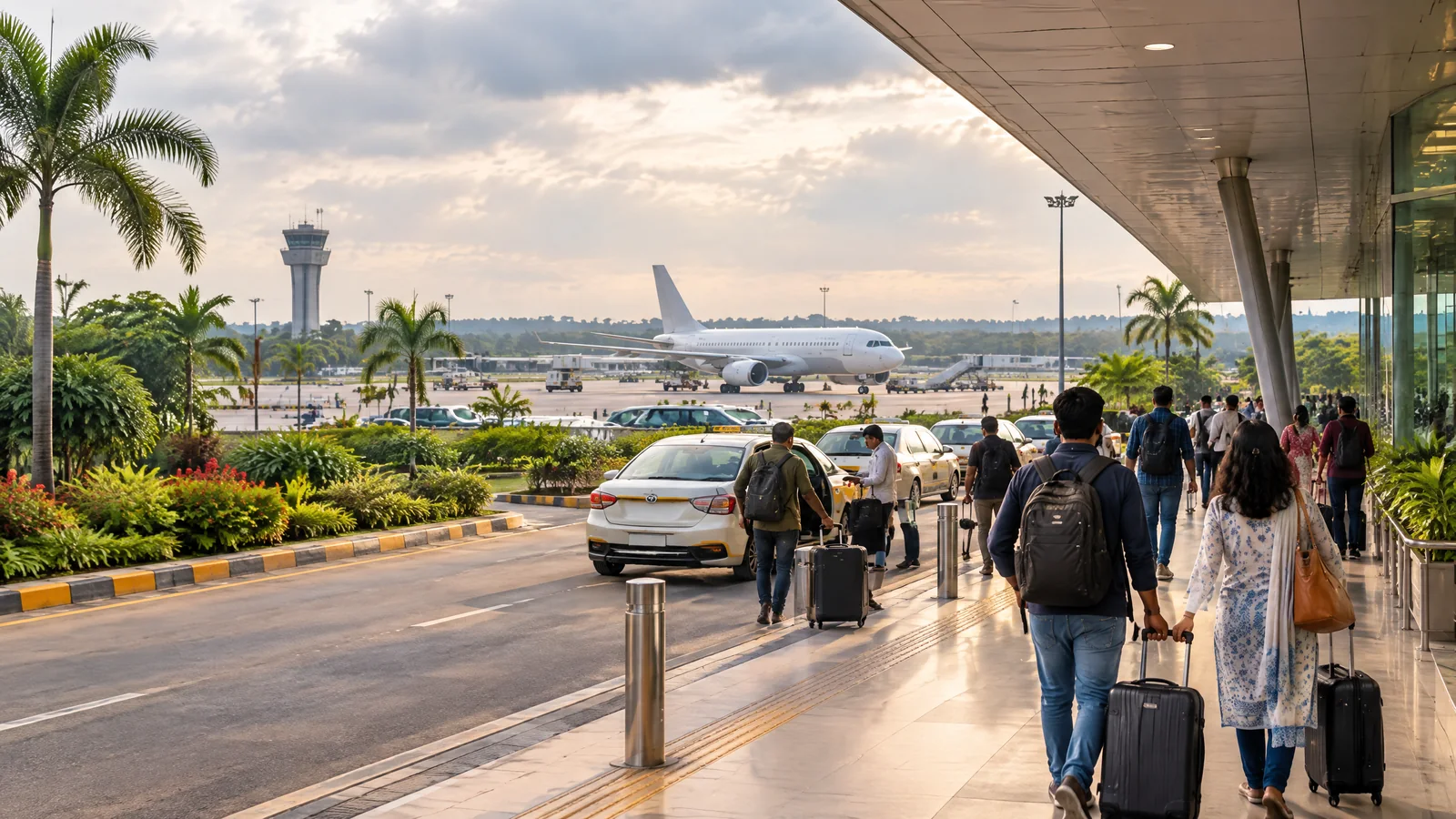 Airport terminal and taxis for travel to Barsapara Cricket Stadium