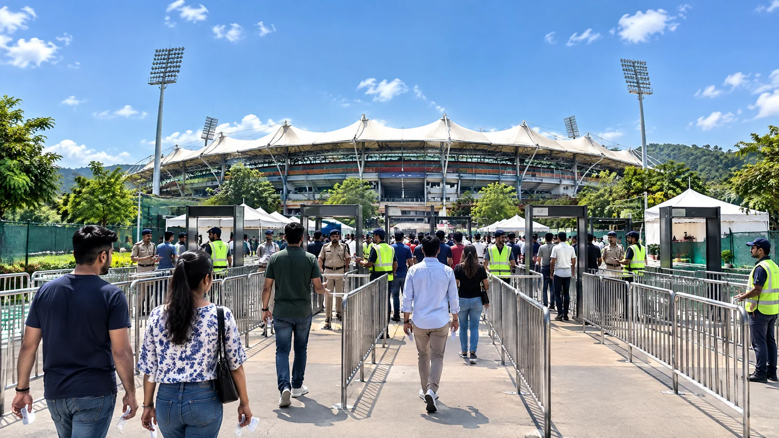 Match-day security approach outside Barsapara Cricket Stadium in Guwahati