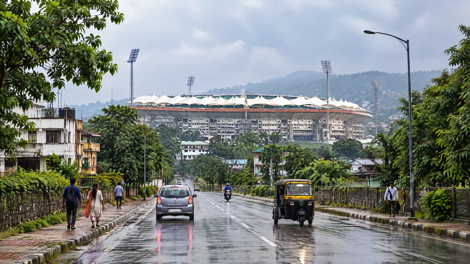 Road approach to Barsapara Cricket Stadium after rain in Guwahati