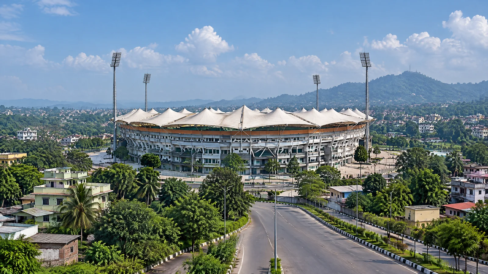 Exterior approach to Barsapara Cricket Stadium in Guwahati
