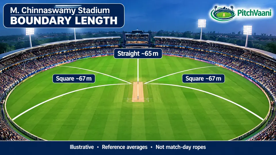 PitchVaani illustrative stadium-wide boundary card: straight around 65 m and square around 67 m reference averages, not current match ropes