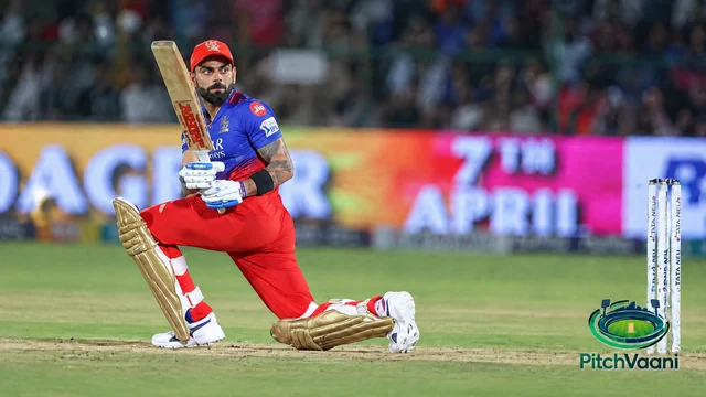 Virat Kohli playing a shot with PitchVaani branding — IPL chase article reference image
