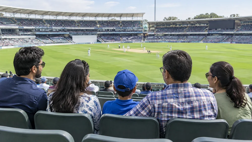 Clearly labelled illustration of friends and family seated together at a cricket match, not a verified stadium family enclosure
