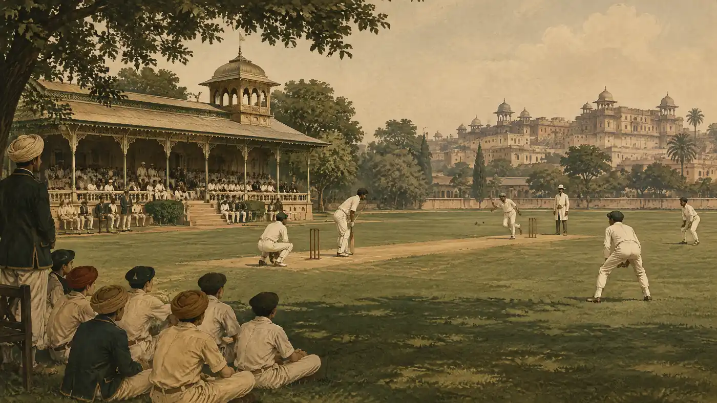 Editorial illustration of early cricket at a heritage Indore college ground