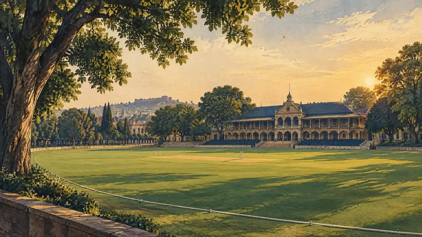 Editorial illustration of Daly College Ground history; not a historical photograph