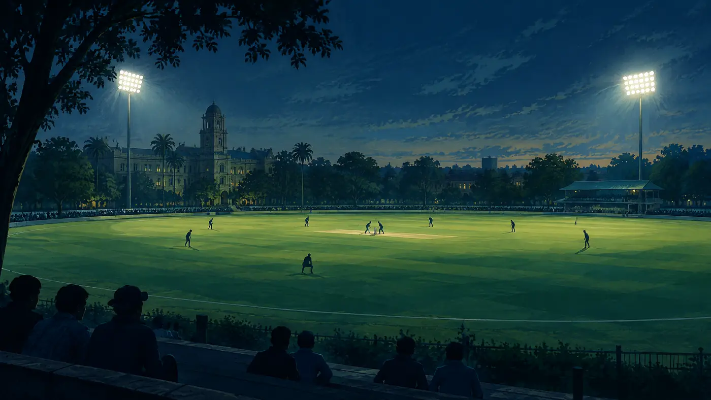 Editorial illustration representing List A cricket at a historic Indore ground