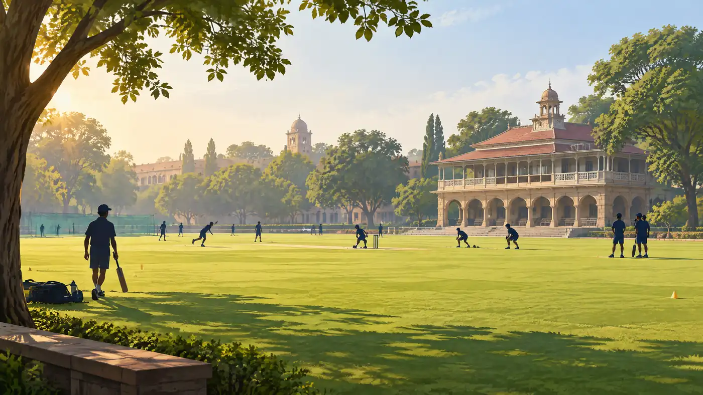 Editorial illustration of present-day youth cricket on a college campus