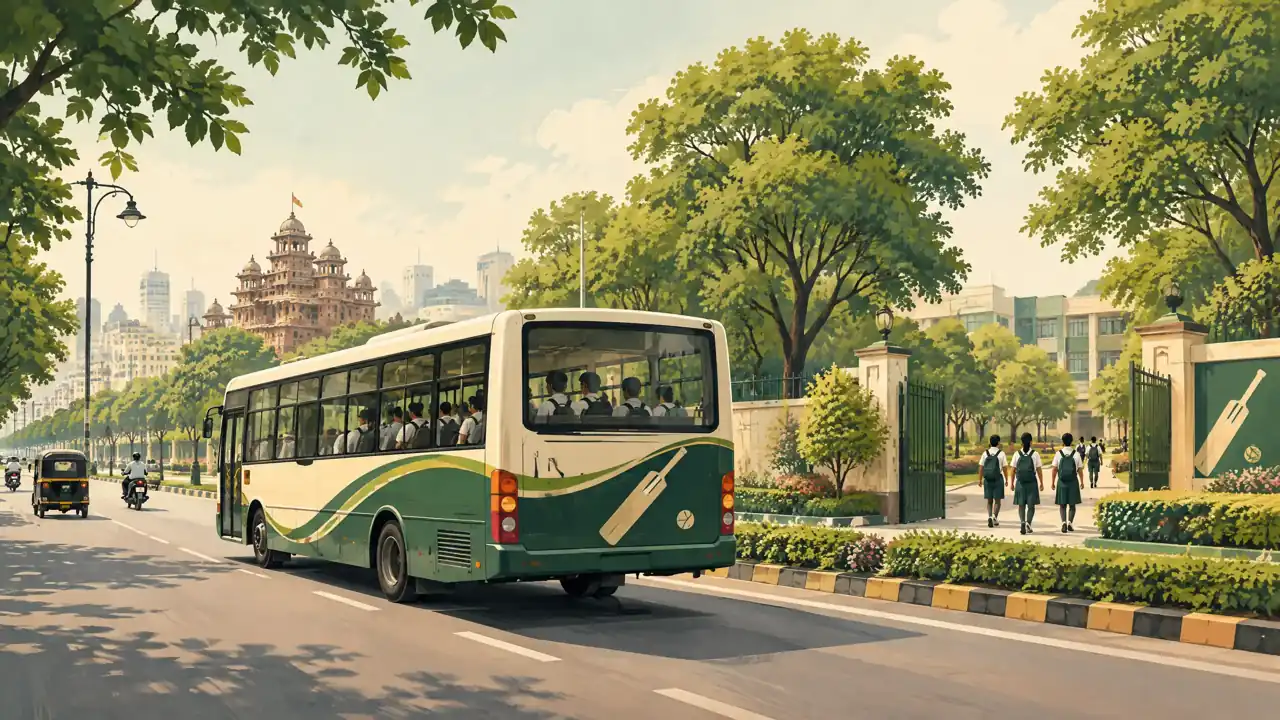 Editorial illustration of bus travel toward a Daly College campus setting; not a bus photograph
