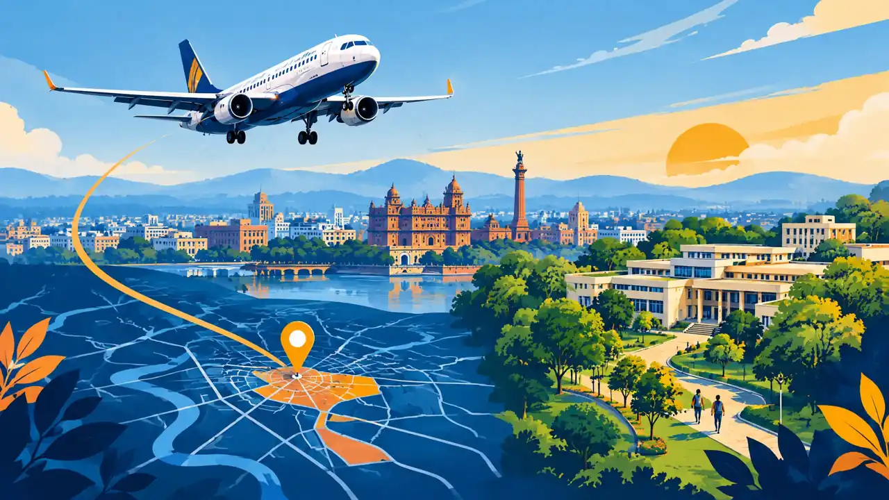 Editorial illustration of flight arrival into Indore and onward travel; not an airport photograph