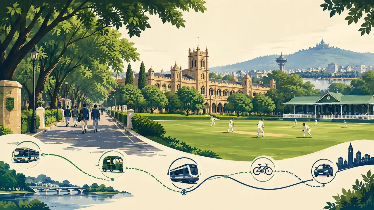 Editorial illustration of travel routes around Daly College Ground in Indore; not a street photograph