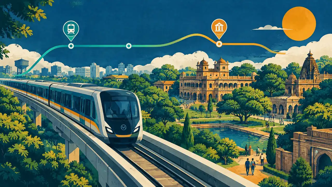 Editorial illustration of an Indore Metro connection toward a heritage campus; not a metro photograph