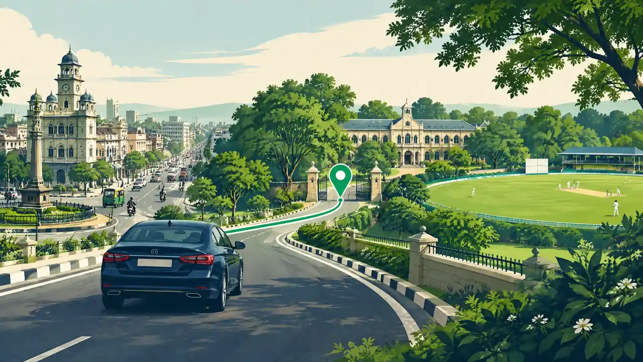 Editorial illustration of an Indore road approach to a cricket campus; not a street photograph