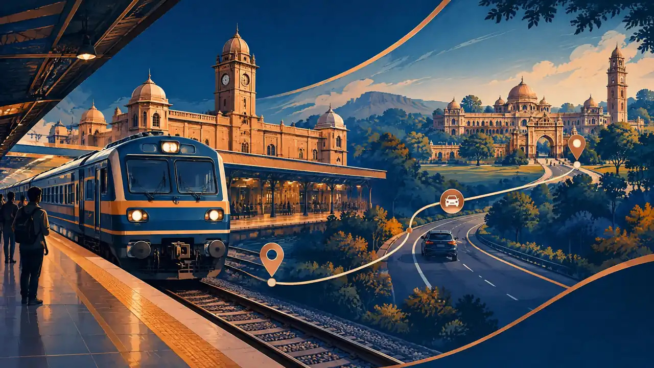 Editorial illustration of a train arrival and onward road route to Indore; not a station photograph