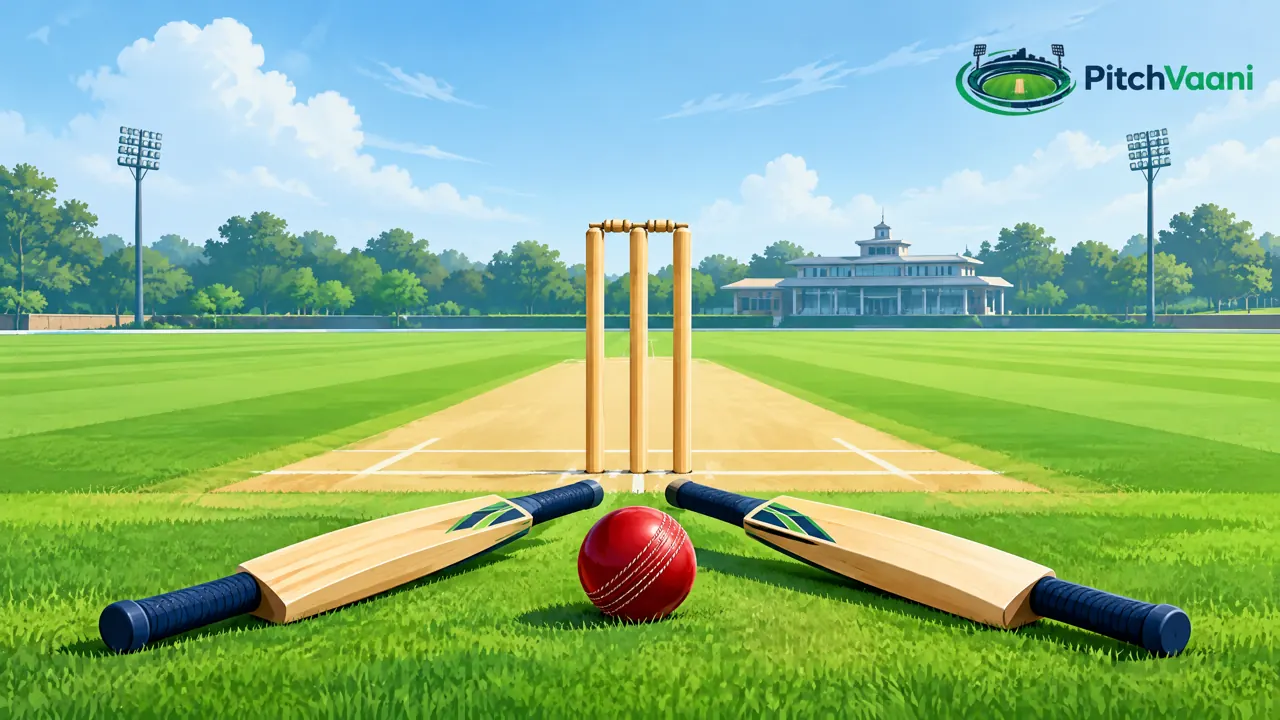 Original PitchVaani illustration of cricket bats, ball and stumps at a campus ground