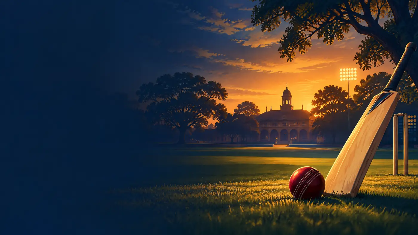 Editorial illustration of a cricket match setting at The Daly College Ground; not a documentary photograph