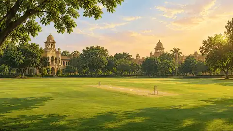 Editorial illustration of a cricket field in the Daly College campus context in Indore; not a documentary photograph