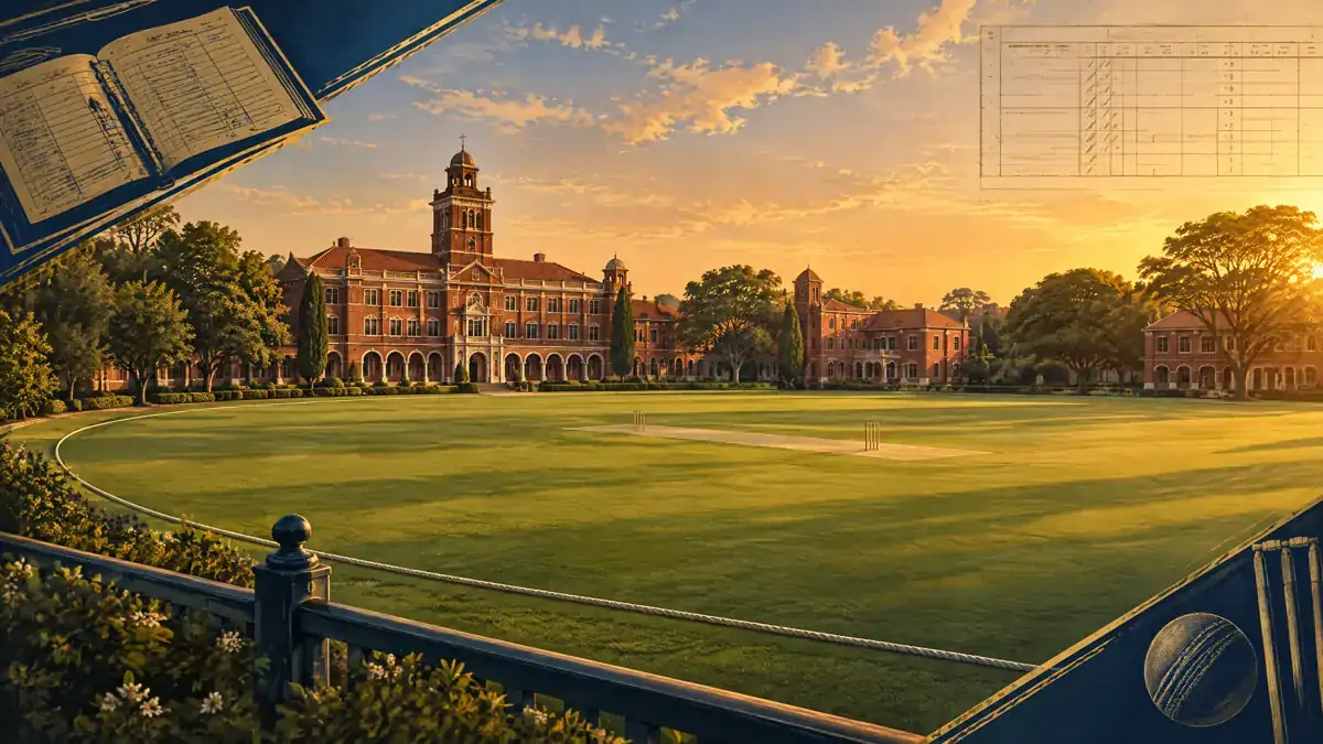 Editorial illustration of Daly College Ground in Indore for the records page; not a documentary photograph