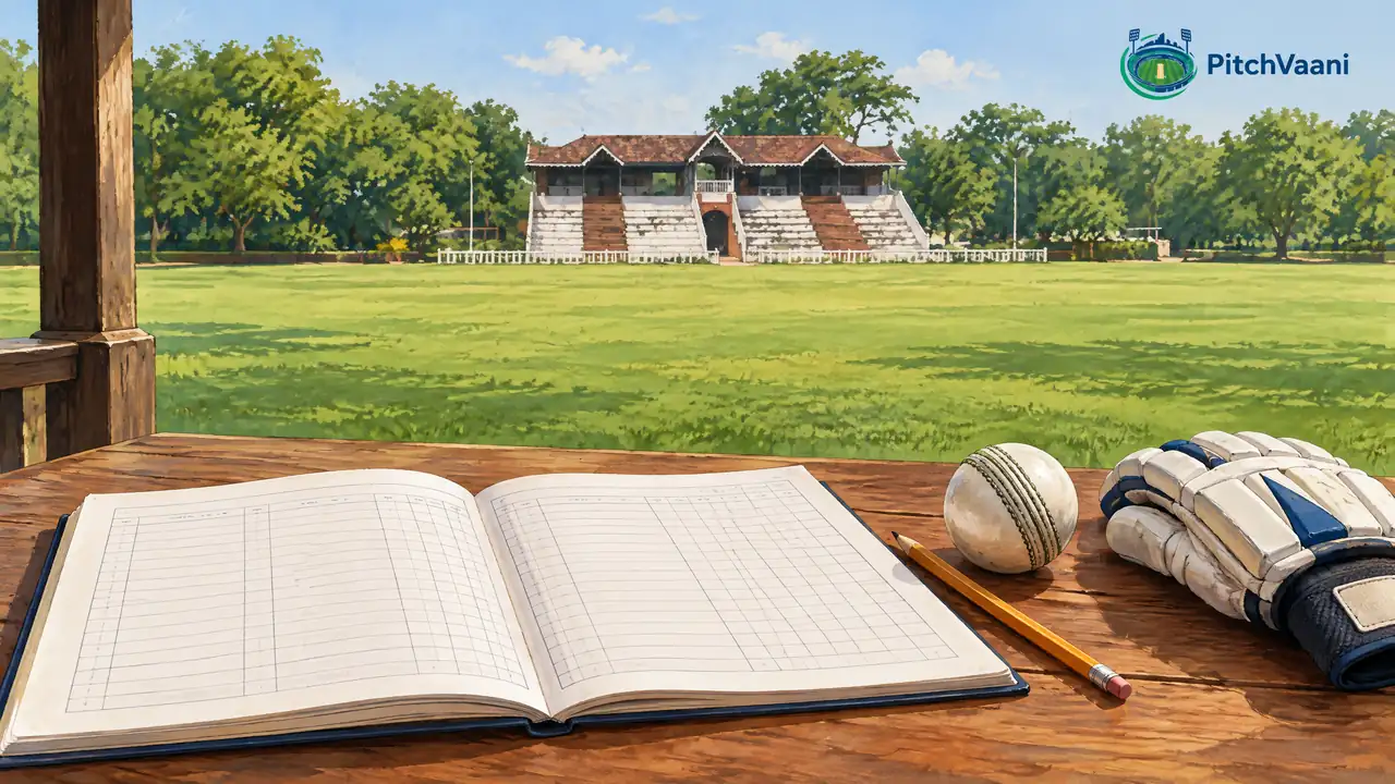 Original PitchVaani illustration of a cricket scorebook overlooking a campus cricket ground