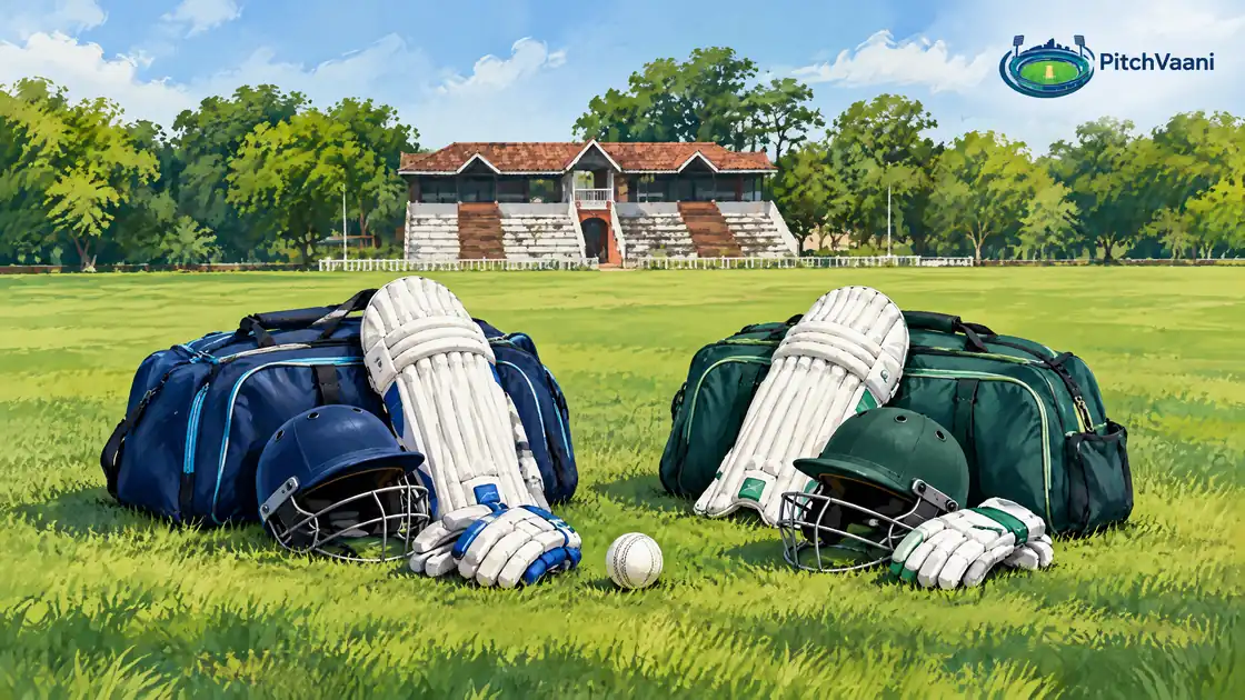 Original PitchVaani illustration of cricket kit equipment for two squads at a campus ground