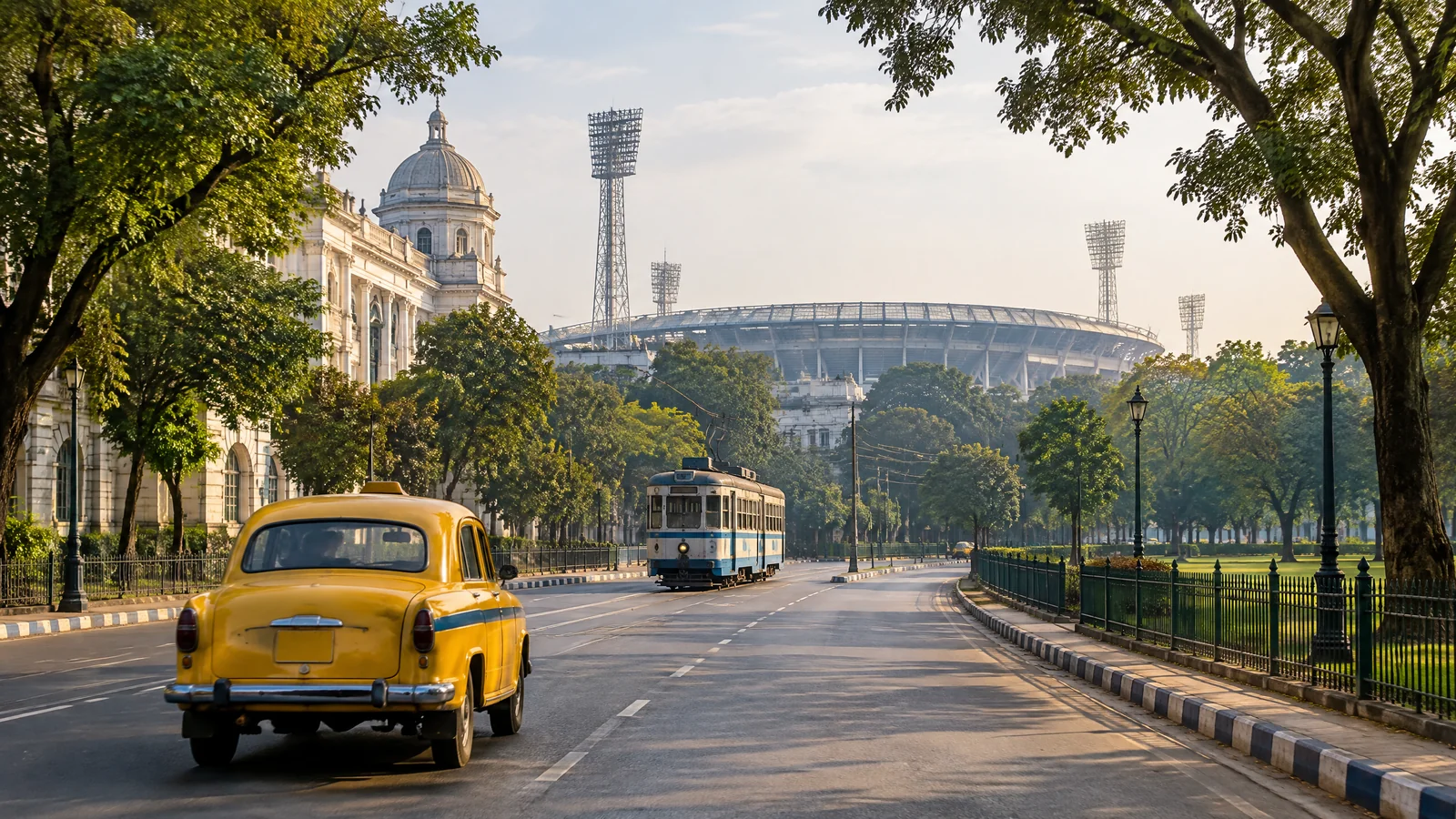 Editorial Kolkata travel scene approaching a major cricket stadium through the Maidan