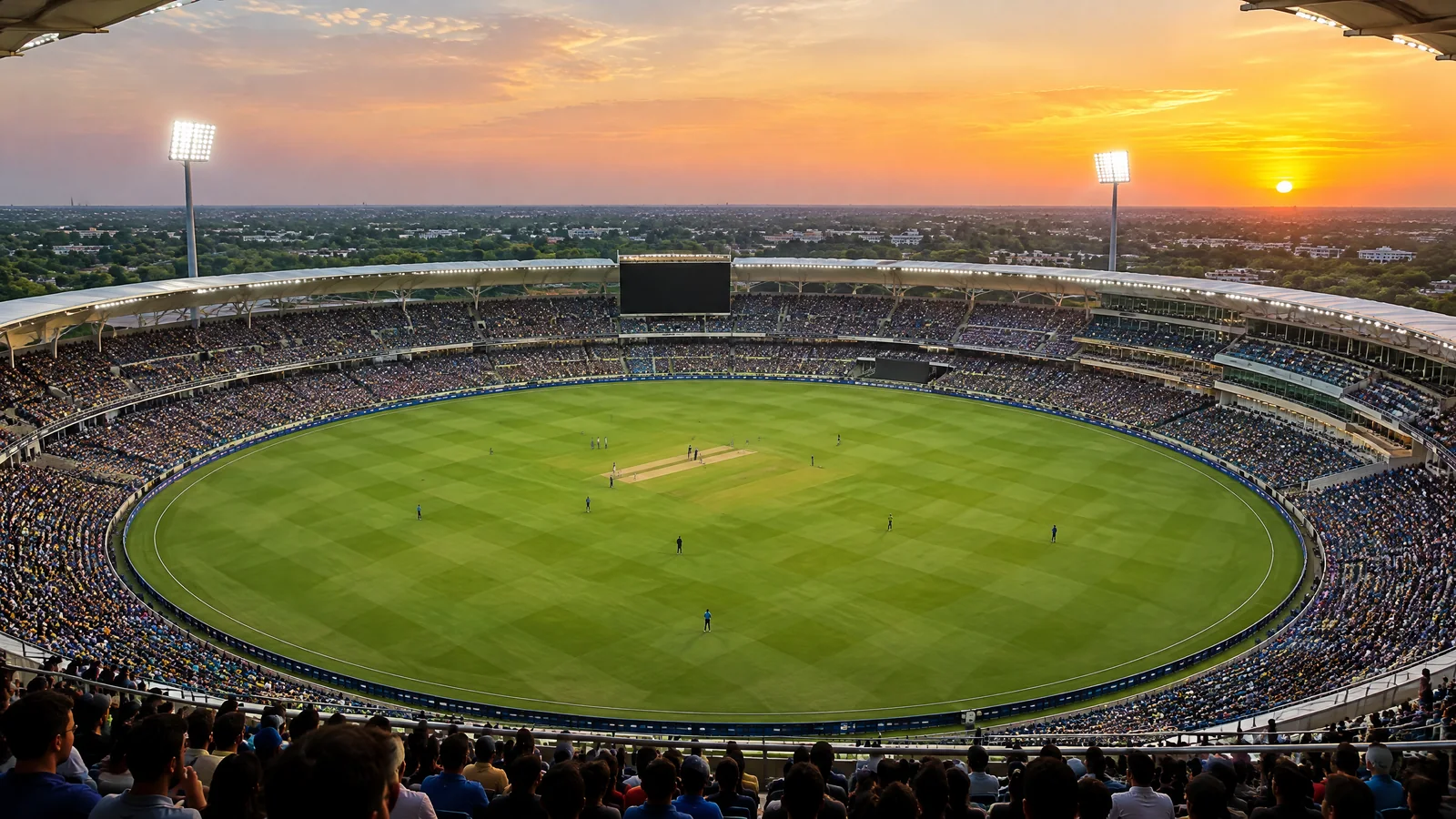 Major tournament cricket at Ekana Stadium with a deep straight boundary perspective