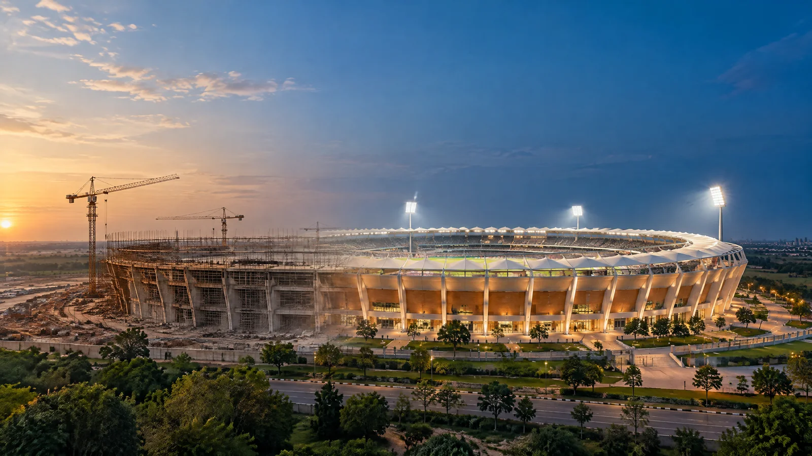Editorial illustration tracing Ekana Cricket Stadium from construction to a completed floodlit venue