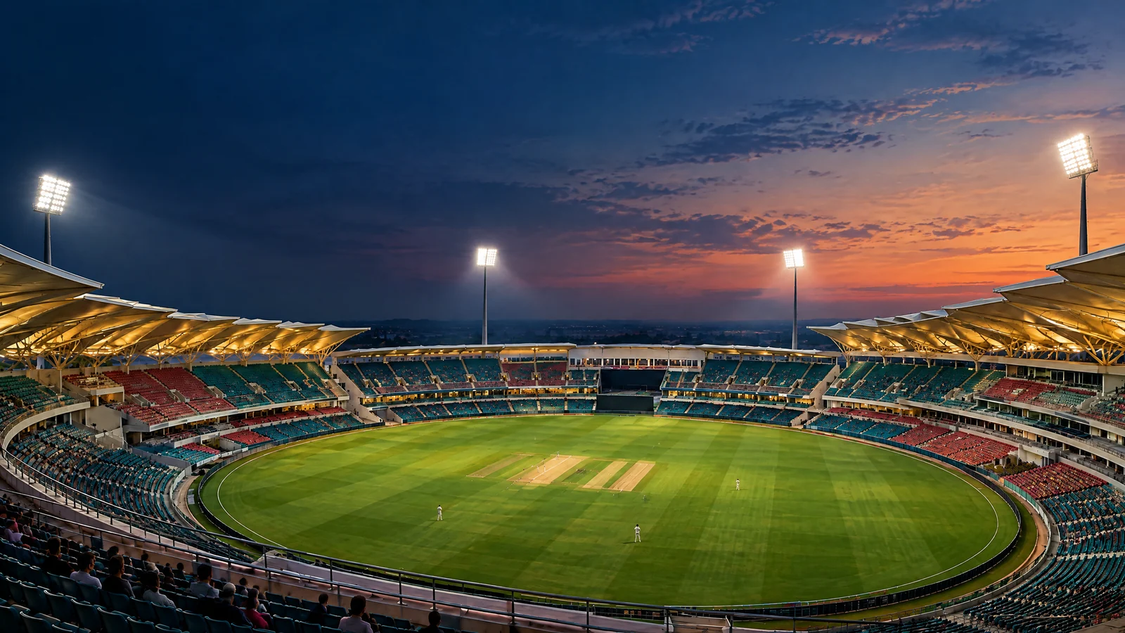 Editorial illustration of an evening cricket match at Bharat Ratna Shri Atal Bihari Vajpayee Ekana Cricket Stadium in Lucknow