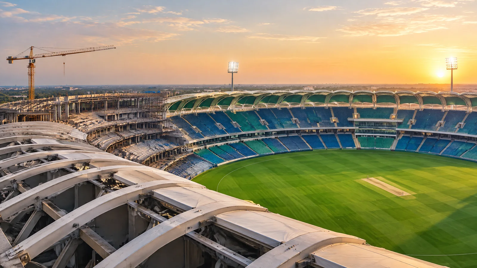 Editorial illustration of Ekana Cricket Stadium during construction and completion