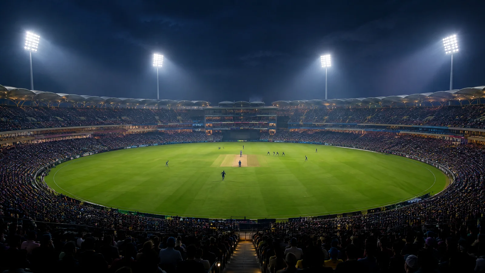 Text-free editorial illustration of a night cricket match at Ekana Stadium
