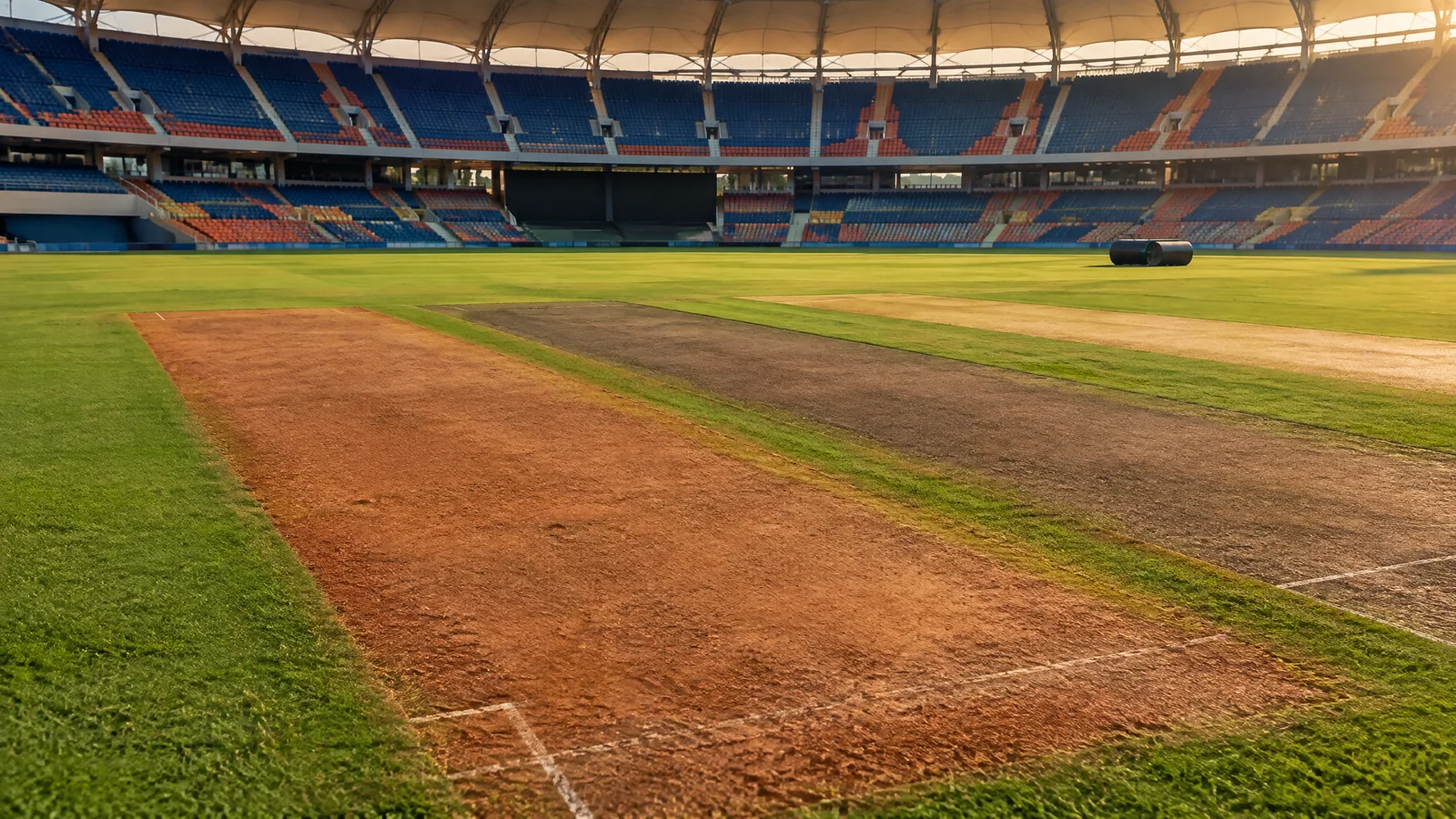 Editorial illustration of red-soil and black-soil cricket strips at BRSABV Ekana Stadium
