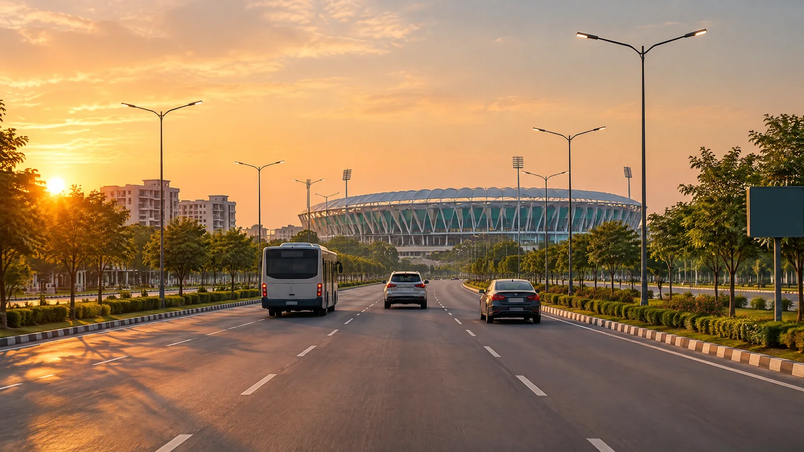 Editorial illustration of the road approach to Ekana Cricket Stadium in Lucknow