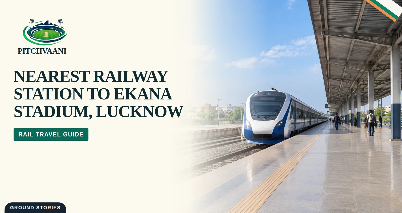 PitchVaani illustrated Ekana Stadium railway travel guide cover; conceptual stadium and train montage