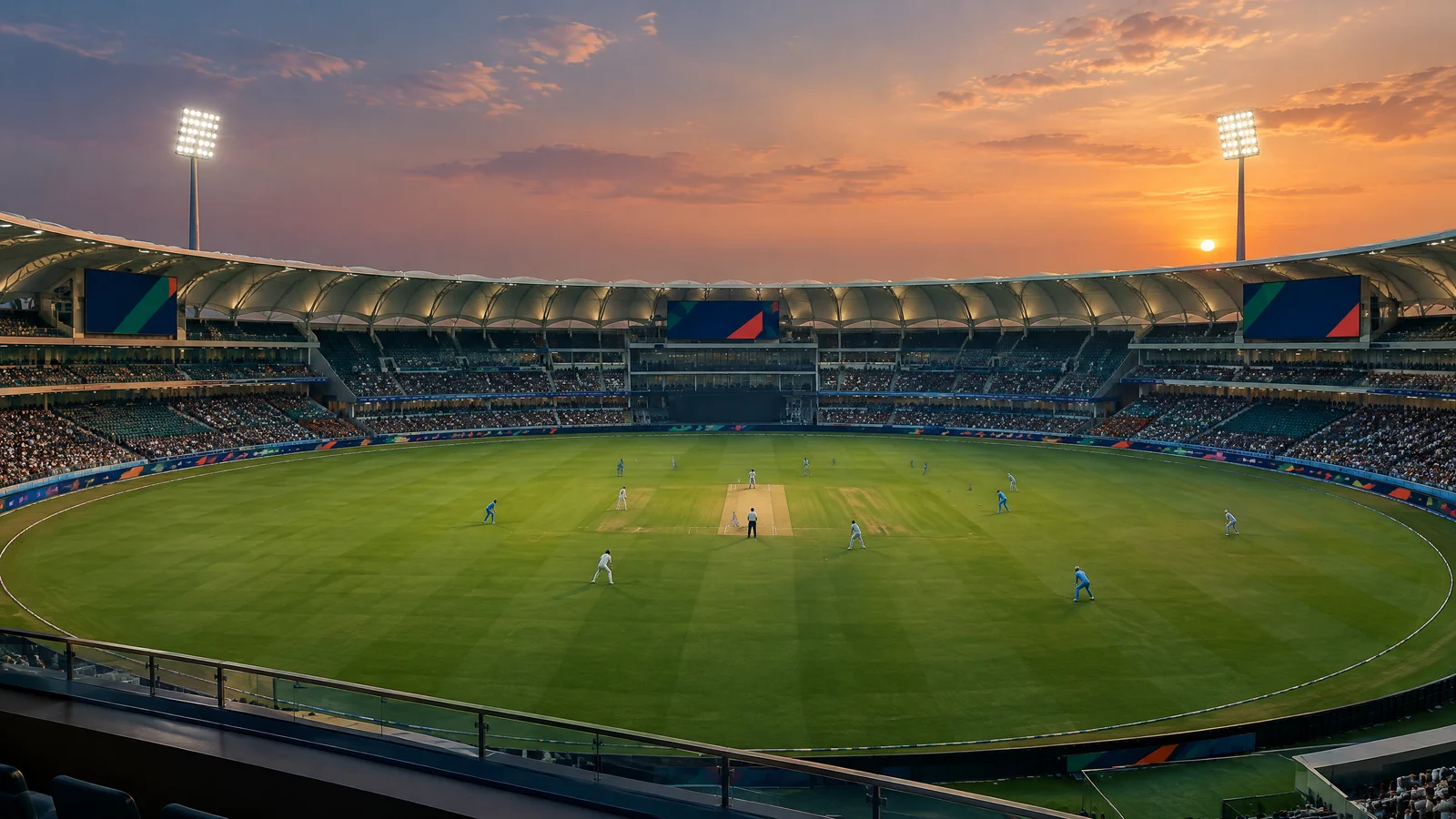 Editorial illustration of a cricket match at Bharat Ratna Shri Atal Bihari Vajpayee Ekana Cricket Stadium in Lucknow