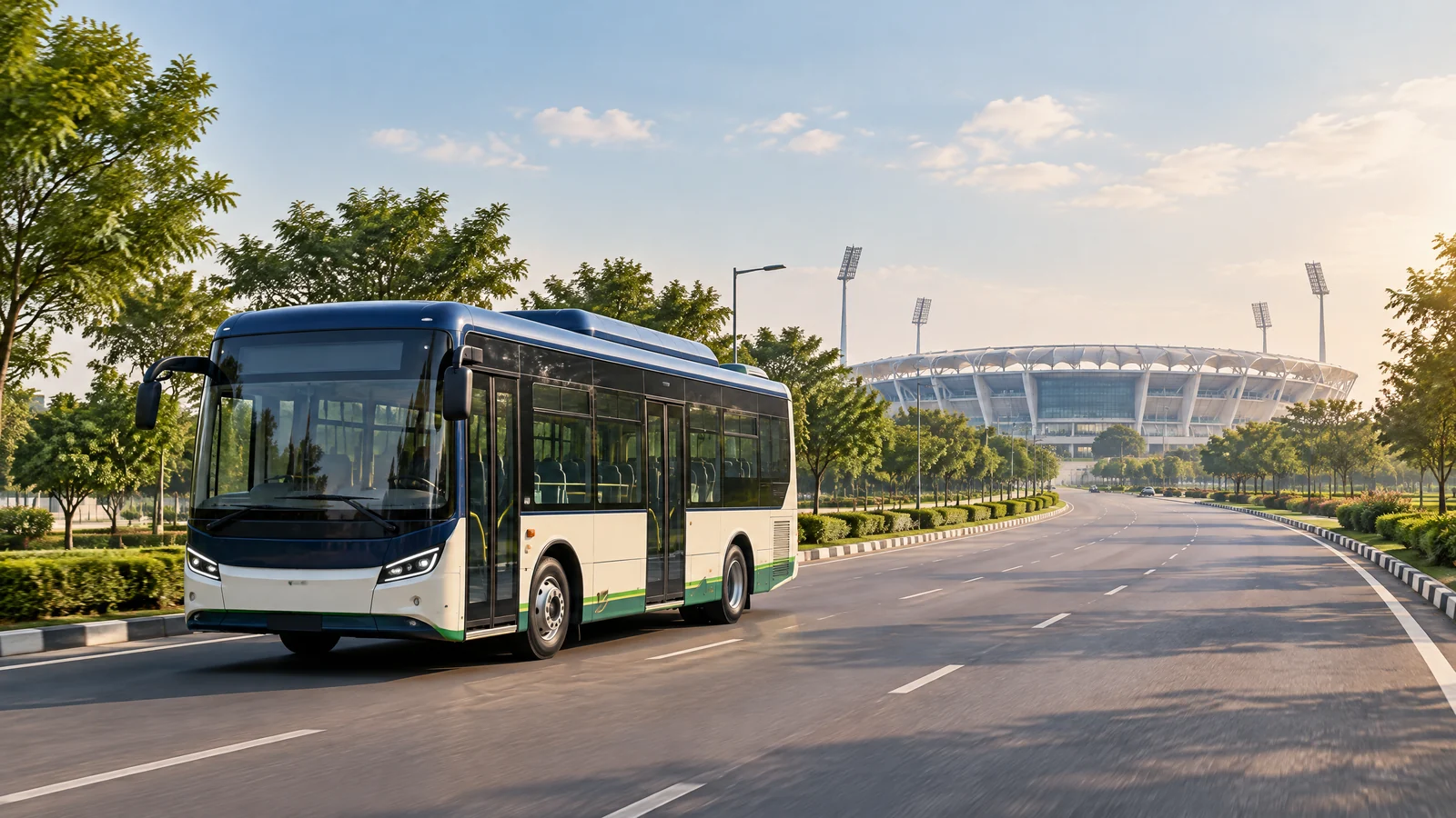 Unbranded electric feeder bus travelling toward a modern cricket stadium in Lucknow