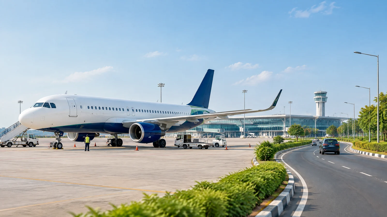 Passenger aircraft at a modern Lucknow airport terminal in daylight