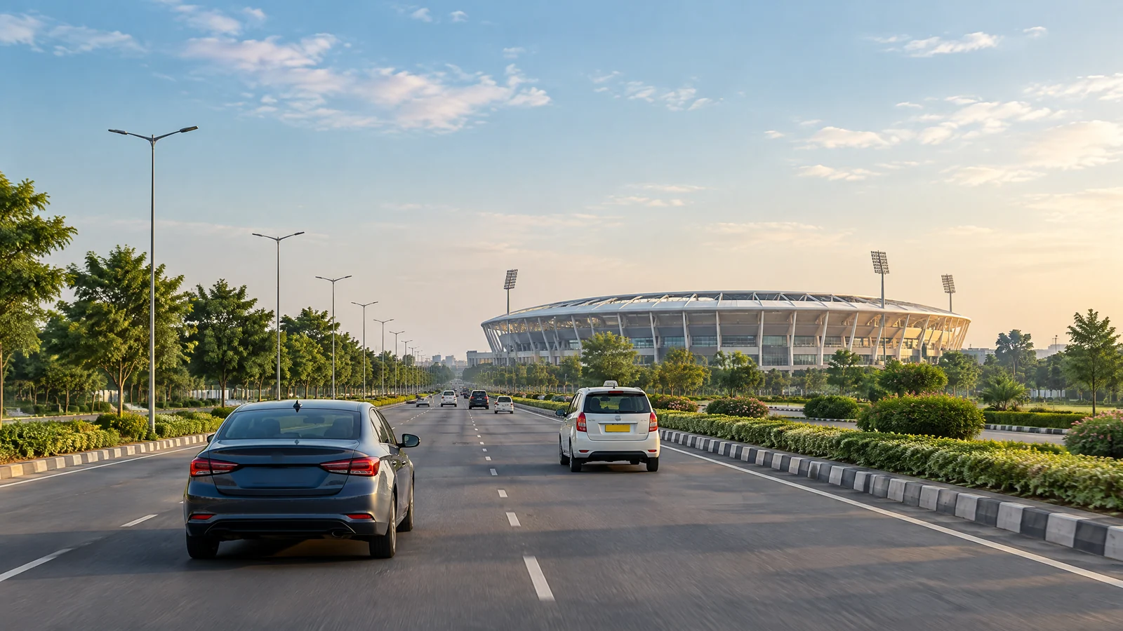 Cars travelling on a landscaped Lucknow road toward Ekana Cricket Stadium