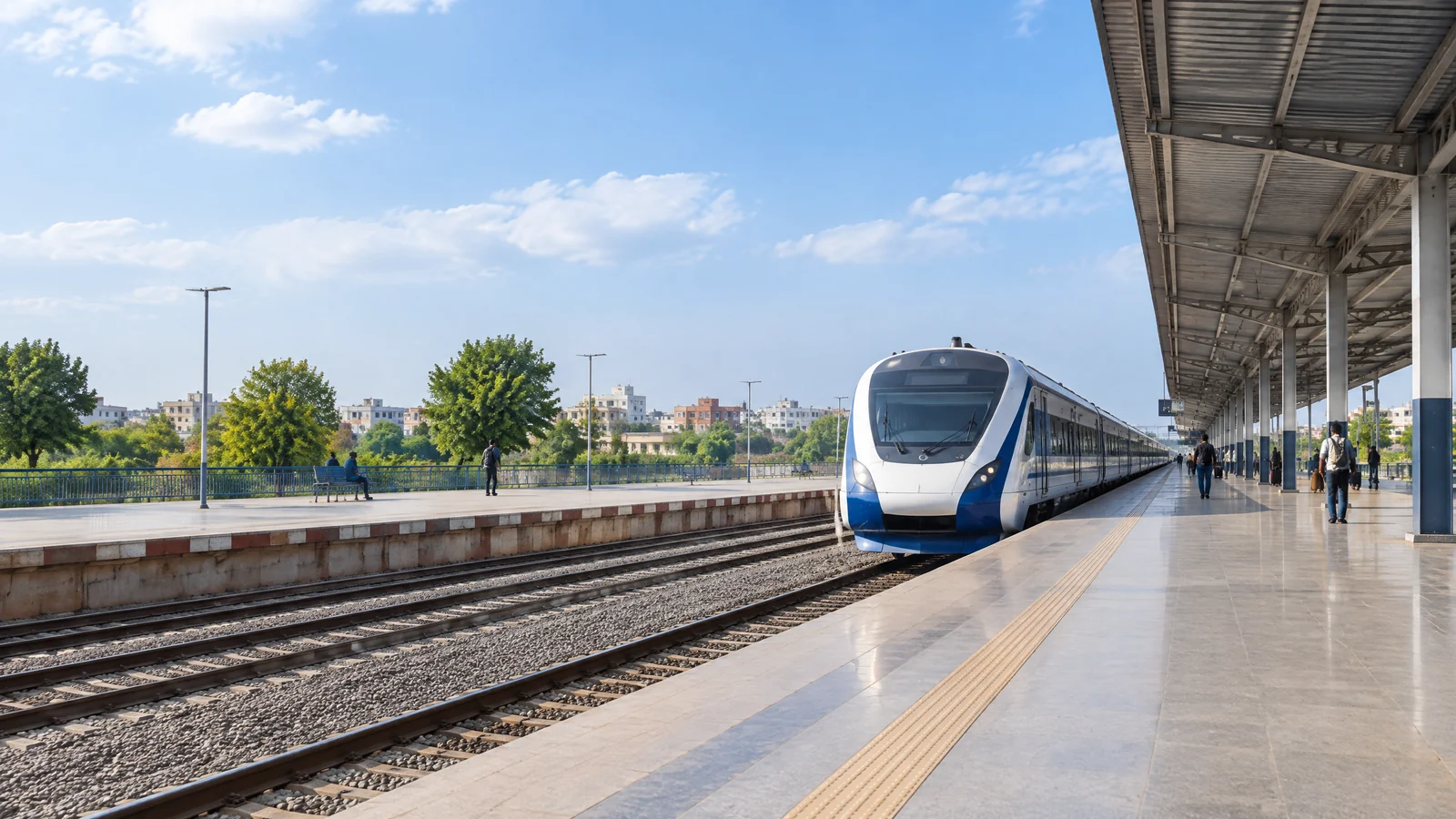 Modern Indian passenger train arriving at a Lucknow railway platform