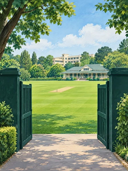Original editorial illustration of school cricket-ground entry, not the actual Emerald Heights gate