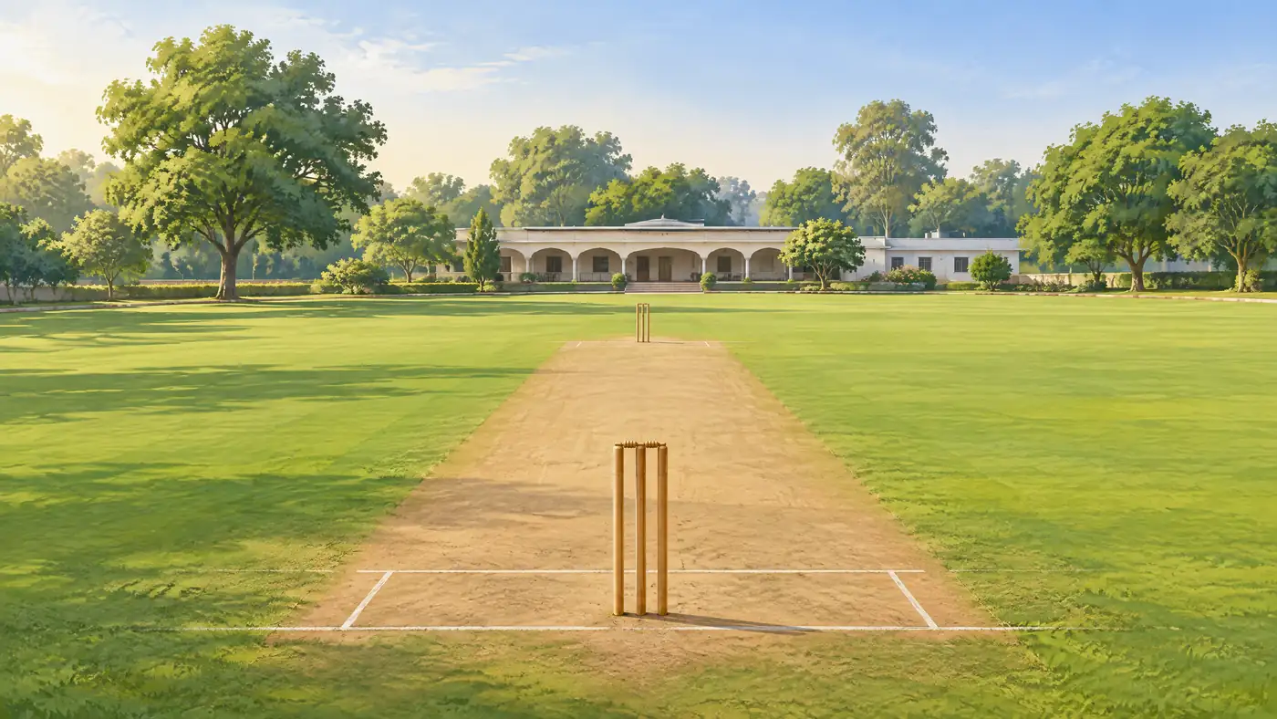 Illustrative school cricket ground with a central wicket and green outfield