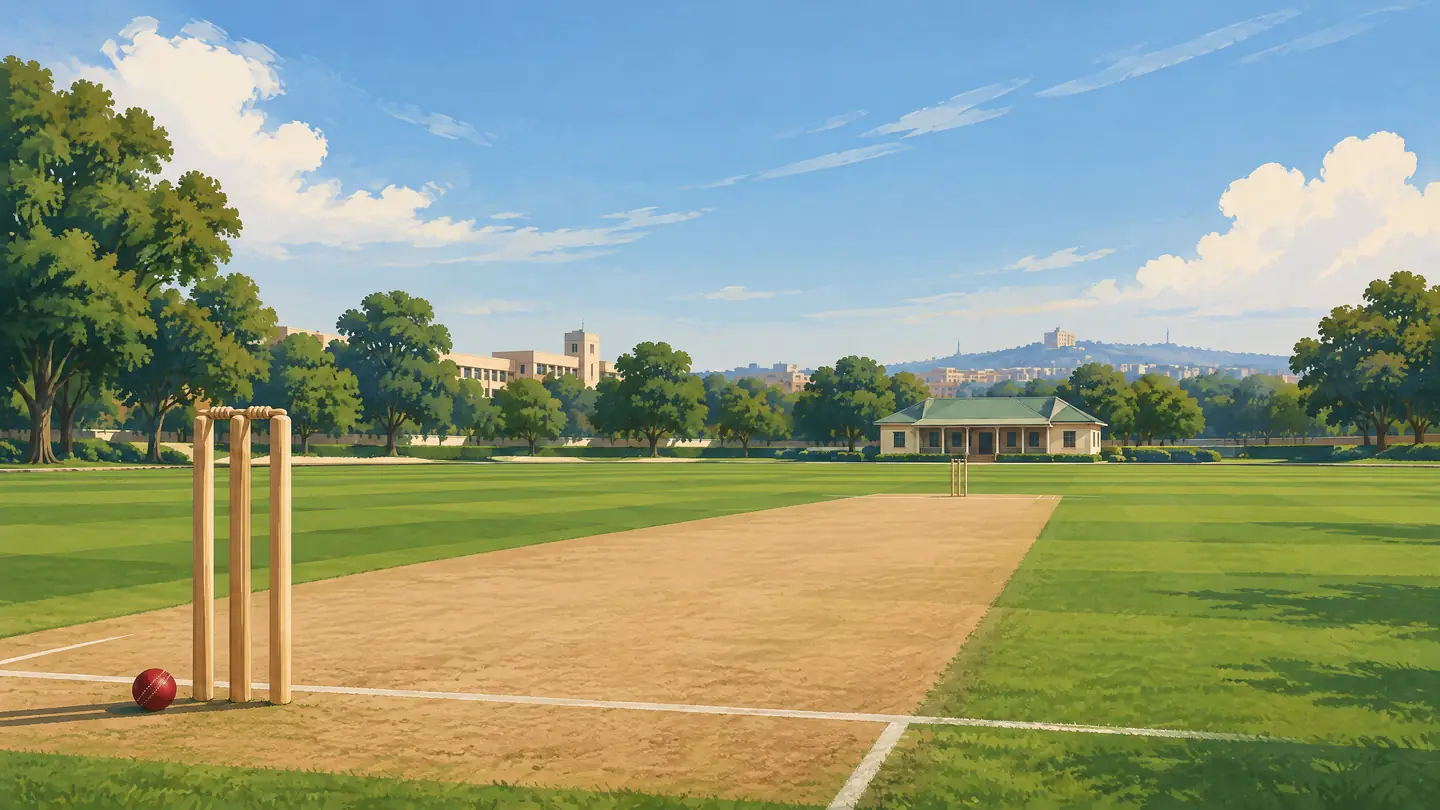 Original editorial illustration of a school cricket field, not a real Emerald Heights photograph or current pitch inspection