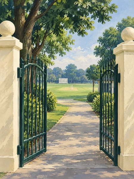 Original editorial illustration of campus entry, not the actual Emerald Heights match gate