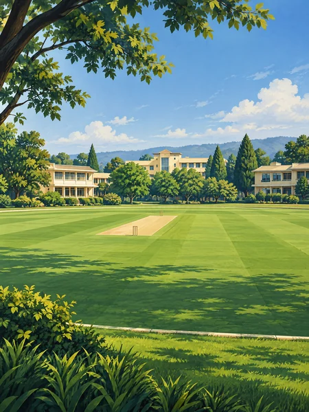 Original editorial illustration of a school cricket outfield, not a photograph of Emerald Heights or a seating map